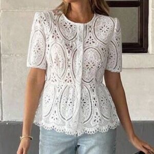 White Lace Floral Short Sleeve Top Hollow Embroidery Pariaura by SHEIN NWOT XL